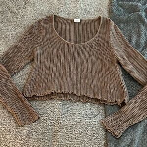 A&F Long-Sleeve Crochet Scoopneck Top, Large, Taupe